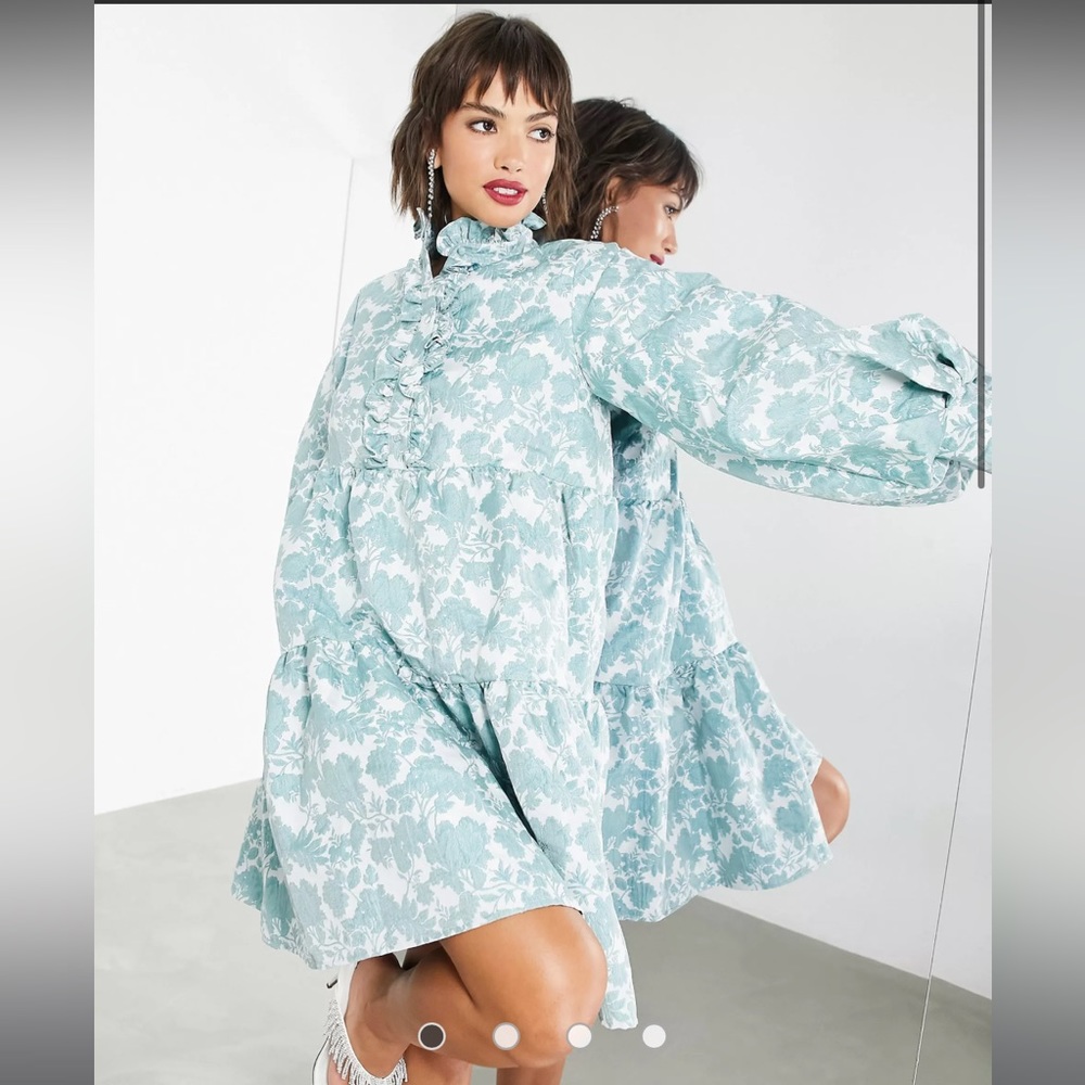 ASOS EDITION smock dress with pie crust collar in antique blue floral jacquard